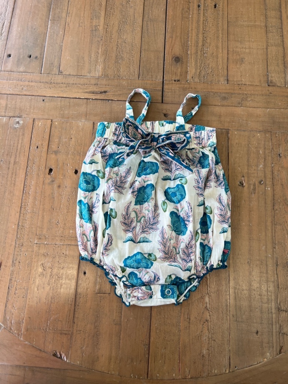 Pink chicken teal floral bow front bubble romper 12-18 months Bohemian